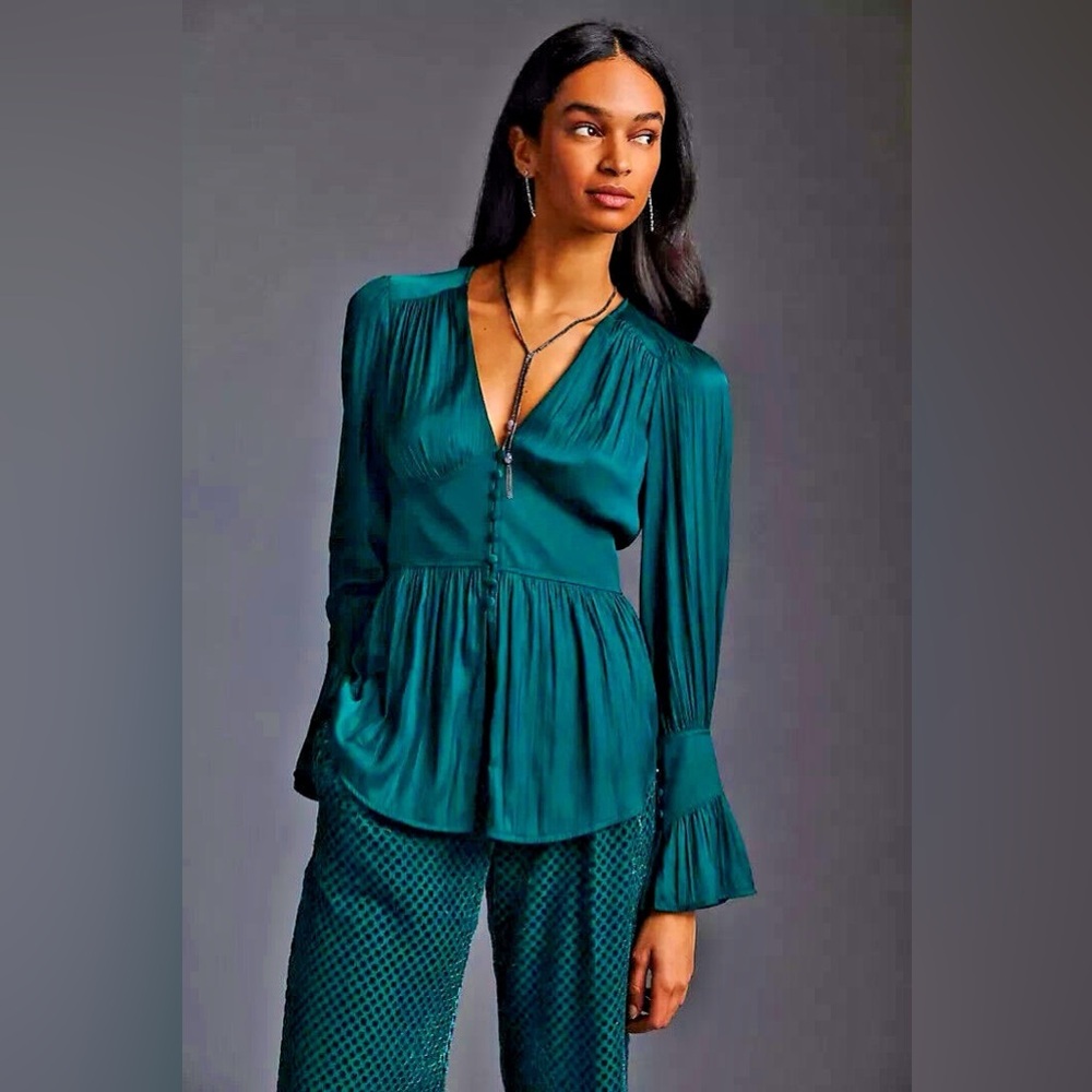 Anthropologie Teal Satin V-Neck Long Sleeve Blouse